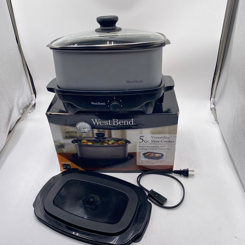 West Bend Versatility 5 Qt Slow Cooker 84915 Gray Black Griddle Base Travel Tote